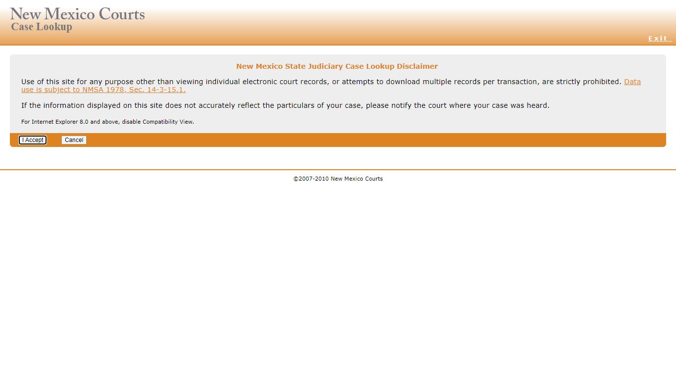 New Mexico State Judiciary Case Lookup Disclaimer - nmcourts.gov